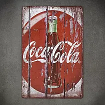 Dekorativní nástěnná cedule s textem &amp;amp;quot;Coca-cola&amp;amp;quot; a s lahví, vypadá jako staré dřevo, z oceli, rozměry 20x30 cm