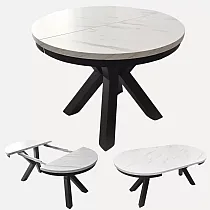 Kompaktní kulatý rozkládací jídelní stůl, 3 velikosti v jednom stole, průměr 100 cm, délka prodlouženého stolu 138 cm a 176 cm, barvy laminátové desky černá, bílá, dub, mramor, beton