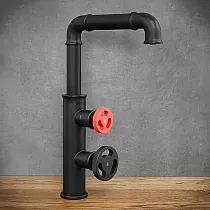 LOFT-style pipe-look tap made of brass in black color with red valve, height 300mm, spout length 155mm