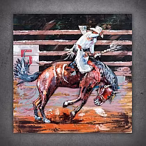 3D Metal Rodeo Cowboy Wall Art on Wood Panel – Handmade Western Horse Rider Rustic Wall Decor, Large 100x100 cm