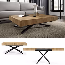 Table with variable, adjustable height 27-76 cm, adaptable extendable width 120-200 cm, solid oak wood top, space-saving modern furniture