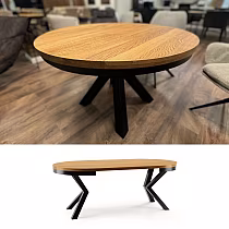 Round extendable dining table with solid oak wood top and black legs, diameter 100 cm or 120 cm, maximal length 176 cm or 196 cm