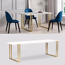 Rectangular extendable dining table with golden steel legs, 3 sizes in one table, length 120 cm / 140 cm / 160 cm, extendable with the 50 cm increment, max extended table length 220 cm / 240 cm / 260 cm, laminate top colours black, white, oak, marble, concrete