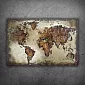 Pruunides toonides maailmakaardi 3D metallist seinakunst “Industrial Earth: metalic kartography”, 70x120cm