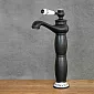 Retro style washbasin faucet made of brass with ceramic elements, black and white color, height 31 cm, spout length 11.5 cm