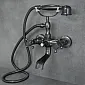 Antique style wall-mounted bath faucet with shower, black brass with shabby effect, height 30 cm, spout length 9 cm