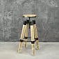Stool-style mechanically adjustable bar stool, made of metal and wood, height 70-88 cm