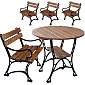 Cast iron garden furniture set with impregnated alder boards, a table with a diameter of 100 cm and 4 chairs with a back and armrests