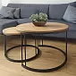 Elegant round-shape coffee table set two in one with metal double rods, height 47 cm and 40 cm, diameter 75 cm and 58 cm, laminate top colours black, white, oak, marble, concrete