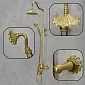 Brass shower set in retro style with flower accents, 3-function shower system includes rainfall shower, handheld shower and bath tap
