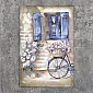 3D metallist seinakaunistus, sinine aknaluugid, lilled, jalgratas, lillekorv, kreeka meeleolu, mõõdud 80x120cm