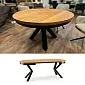 Round extendable dining table with solid oak wood top and black legs, diameter 100 cm or 120 cm, maximal length 176 cm or 196 cm