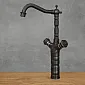 Standing retro style washbasin faucet made of brass, black color, satin, height 37 cm, spout length 16.5 cm