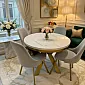 Round extendable dining table with golden legs, diameter 100 cm or 120 cm, maximal length 176 cm or 196 cm, different tabletops finishes