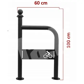 Outdoor metal bicycle parking rack with bicycle logotype, retro style, black color, dimensions 100x60 cm