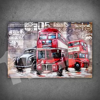 3D-metallist kunstiteos, millel on kujutis elavast punasest Londoni bussist, mõõtmed 120x60 cm