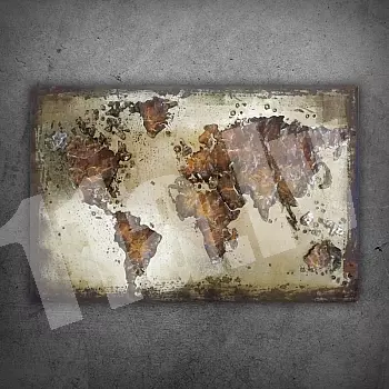 Pruunides toonides maailmakaardi 3D metallist seinakunst “Industrial Earth: metalic kartography”, 70x120cm