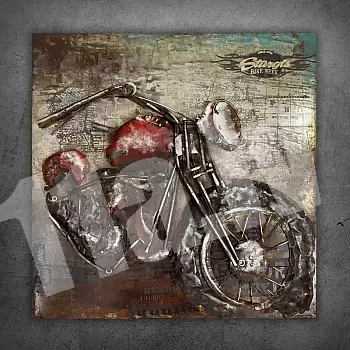 3D metalo meno kūrinys, sienų apdaila, Raudonas motociklas, išmatavimai 100x100cm