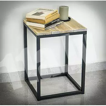 Cubic metal coffee table with a design wooden surface and a sturdy steel frame, height 50 cm, width 35 cm