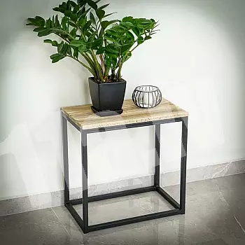 Metalinis kavos staliukas su dizaino mediniu paviršiumi ir plieniniu rėmu 50x30x50cm