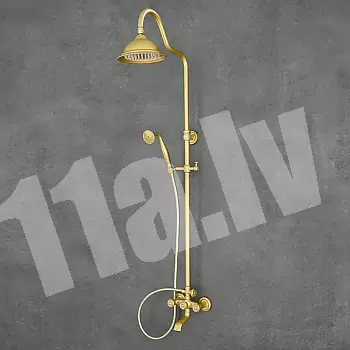 Yellow, retro style rain shower system, made from brass, height 141 cm, rain shower diameter 21 cm