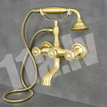 Retro stiliaus sieninis geltonas žalvarinis dušo maišytuvas, aukštis 30 cm, snapelio ilgis 10 cm