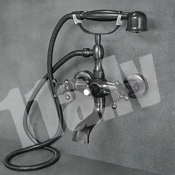 Antīka stila sienas vannas jaucējkrāns ar dušu, melns misiņš ar nobružātu efektu, augstums 30 cm, snīpi garums 9 cm