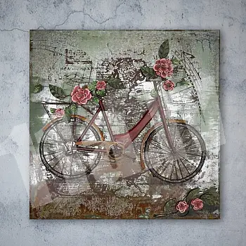 3D metalinis sieninis menas &amp;amp;quot;Retro moteriškas dviratis su gėlėmis&amp;amp;quot;, matmenys 100x100cm, svoris 10 kg