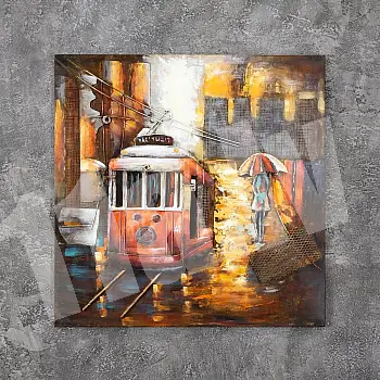 3D metāla glezna tramvajs saulrietā 100x100cm