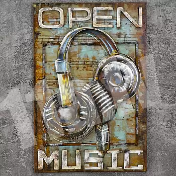 3D metāla mākslas darbs &amp;amp;quot;Mikrofons un austiņas Open Music&amp;amp;quot;, izmēri 60x90cm