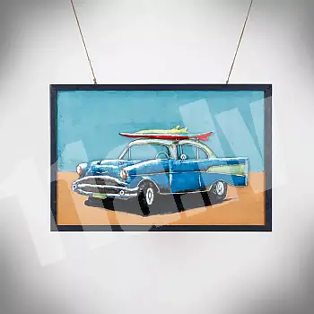 3D metallist kunstiteos &amp;amp;quot;Rand ja retroauto katusel surfilauaga&amp;amp;quot;, kõrgus 60 cm, laius 90 cm