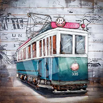 3D metallist kunstiteos, pilt, Tramm nr 22 värvitud roheliseks ja valgeks, suurus 100x100 cm