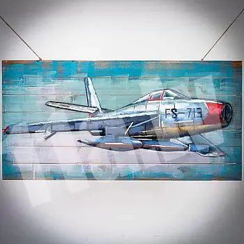 3D metāla sienas māksla, sienas dekors - Zila lidmašīna, izmēri 120x60 cm