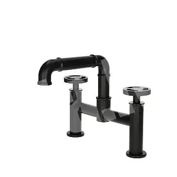 Industrial-style pipes-look two-channel faucet in black color, made of brass, height 20 cm, spout length 15 cm