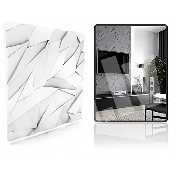 3D dekoratyvinės sieninės polistirolo plokštės su aštriomis, kampuotomis geometrinėmis formomis ir skulptūrišku, futuristiniu pojūčiu, 60x60cm, baltos spalvos, dažomos, rinkinyje 12 vnt. (4,32 m2)