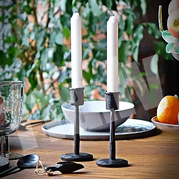 Forged steel candlestick for one candle, handmade, black color, height 15 cm, set of 2 pcs