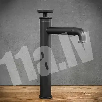 Stiilne tööstuslikus stiilis messingist musta värvi valamusegisti ühe nupuga reguleerib vee voolu ja temperatuuri, kõrgus 30,5 cm, tila pikkus 15,5 cm