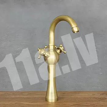 Retro stiliaus kriauklės maišytuvas iš žalvario, geltonos spalvos, aukštis 37 cm, snapelio ilgis 10,5 cm