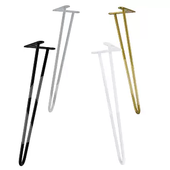 Žemo aukščio plaukų segtukų kojelės kavos staliukui iš dviejų plieninių strypų, strypų skersmuo 10 mm, aukštis 43 cm, komplektas iš 4 kojų, galimos spalvos juoda, balta, pilka, auksinė