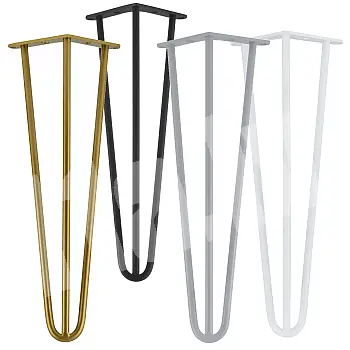 Elegantiškos plaukų segtuko tipo kojelės kavos staliukui iš trijų Ø12 mm plieninių strypų, aukštis 43 cm - 4 kojų komplektas, spalvos: juoda, balta, pilka, auksinė