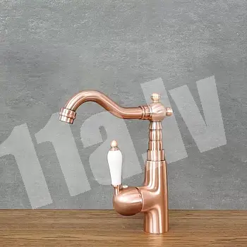 Retro-style sink faucet made of brass in rose gold color with ceramic head, height 22 cm, spout length 15 cm