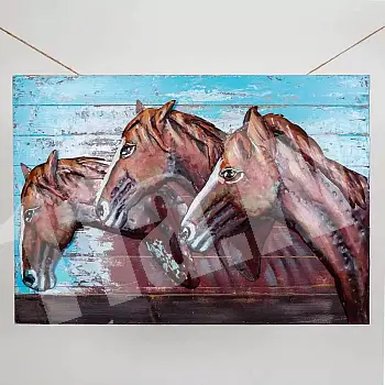 3D metallist seinakunst, metallimaaling &amp;amp;quot;3 hobust&amp;amp;quot;, pruunides ja sinistes toonides, mõõdud 100x70 cm