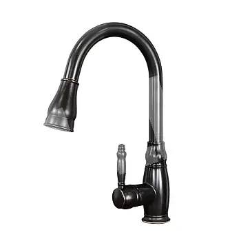 Retro-style kitchen mixer tap made of brass with pull-out spout, black color, height 40 cm