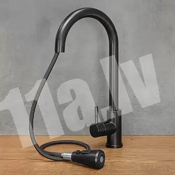 Modern kitchen tap made of stainless steel with pull-out spout, height 41 cm, spout&amp;#039;s length 16 cm, chrome, black or antique brass color