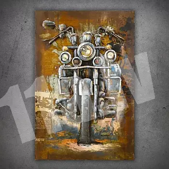 3D metalo menas, paveikslas, sienų dekoras - smulkintuvas Motociklas, vaizdas iš priekio, ruda spalva, matmenys 80x120cm