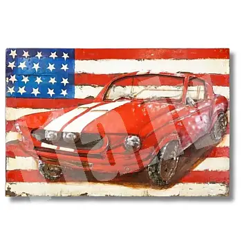 3D metallikunst, pilt, seinakaunistus - punane sportauto ja USA lipp, mõõdud 120x80cm