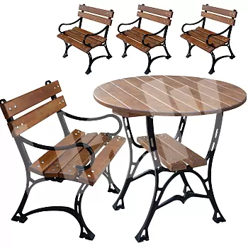 Cast iron garden furniture set with impregnated alder boards, a table with a diameter of 100 cm and 4 chairs with a back and armrests