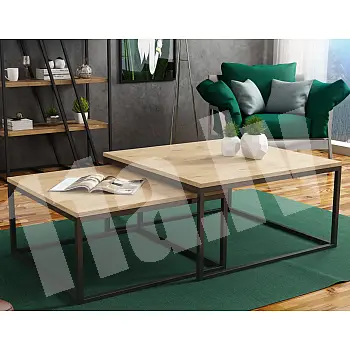 Dviejų pakopų kavos staliukų komplektas, 2 viename, aukštis 39 cm ir 34 cm, plotis 76 cm ir 66 cm, laminato paviršiumi, spalvos juoda, balta, marmuras, betonas, ąžuolas