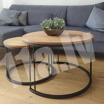 Elegant round-shape coffee table set two in one with metal double rods, height 47 cm and 40 cm, diameter 75 cm and 58 cm, laminate top colours black, white, oak, marble, concrete