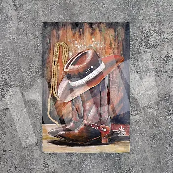 3D wall art made from steel, rustic western wall decor with cowboy hat, boots, and rope, height 90 cm, width 60 cm